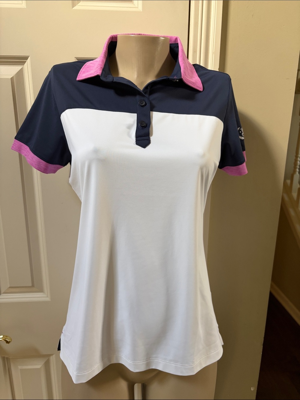 Peter Millar Navy, White & Pink Colorblock Polo, med
